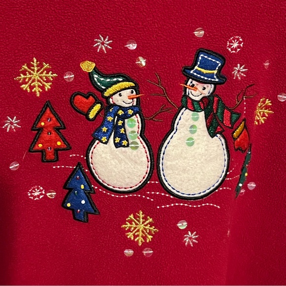 XL Vintage Embroidred Beaded Appliqué Snowmen Christmas trees Holiday Top - Picture 3 of 7